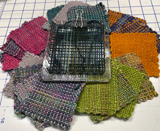 Examples of a pin loom and the squares you can weave