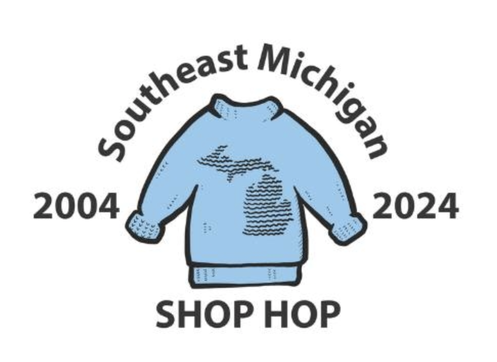 Southeast Michigan Shop Hop - 2004 - 2024 (a graphic of a blue sweater with the state of Michigan on it)